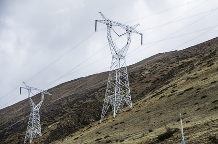 high-voltage substation on blue sky backgroundの写真素材