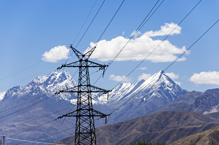 high-voltage substation on blue sky backgroundの写真素材