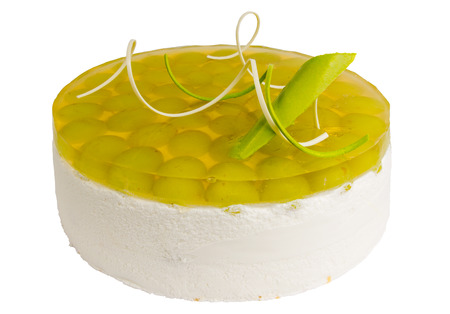 Delicious biscuit cake with grapes isolated on white backgroundの写真素材