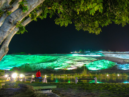 Travertines of Pamukkale, Turkey, night lighting. の写真素材