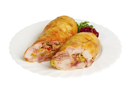 Rolls of chicken on the plate, isolated on white backgroundの写真素材