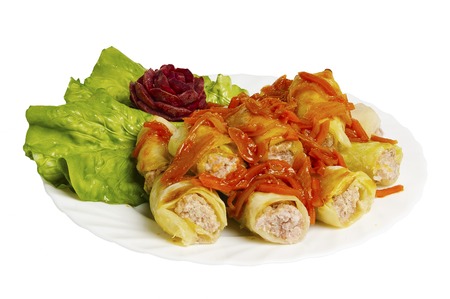 Stuffed cabbage with meat on the plate, isolated on white backgroundの写真素材