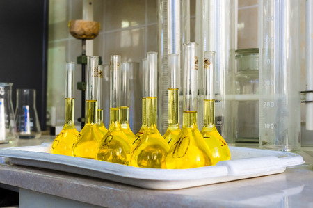 flasks with reagents in the test laboratoryの写真素材