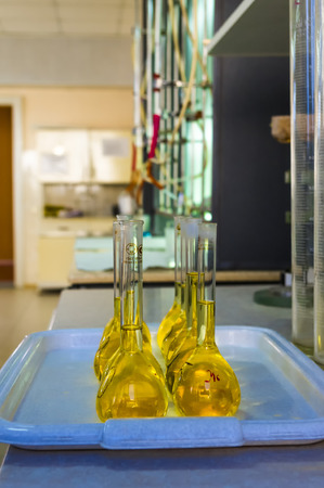 flasks with reagents in the test laboratoryの写真素材