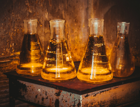 flasks with reagents in the test laboratory, FILTERED for retro effect