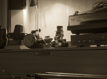 vintage photographic equipment before shooting, tone correction, soft focusの写真素材