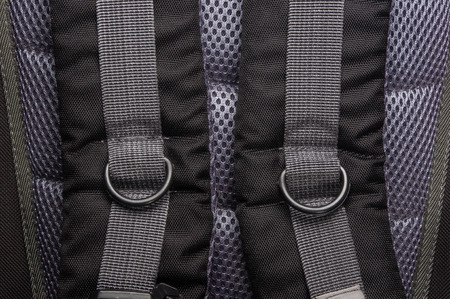 closeup of the fittings and seams in the black backpack
