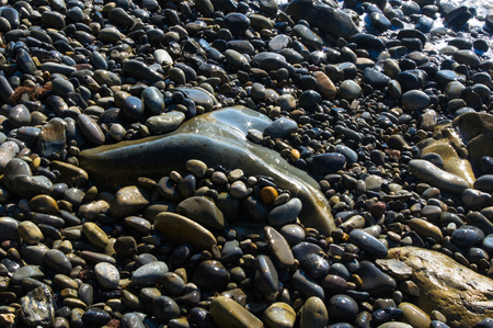 sea pebble beach with multicoloured stones, transparent waves with foam, on a warm summer dayの写真素材