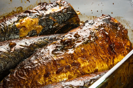 Mackerel, baked in a glass containerの写真素材