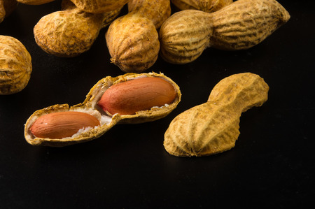 Peanuts, Arachis hypogaea, in shell on dark background, close up, selective focus