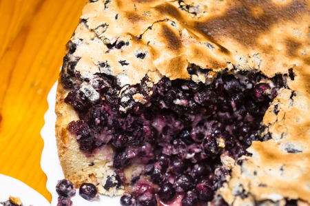 sponge cake with black currants in a white dish on wooden backgroundの写真素材