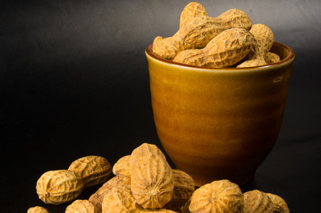 Peanuts, Arachis hypogaea, in shell on dark background, close up, selective focusの写真素材