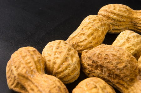 Peanuts, Arachis hypogaea, in shell on dark background, close up, selective focus