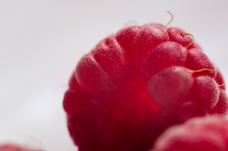 big fresh juicy raspberries on a white saucer close up, macro photo, selected focusの写真素材