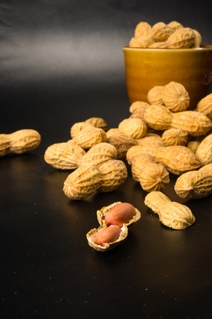 Peanuts, Arachis hypogaea, in shell on dark background, close up, selective focusの写真素材
