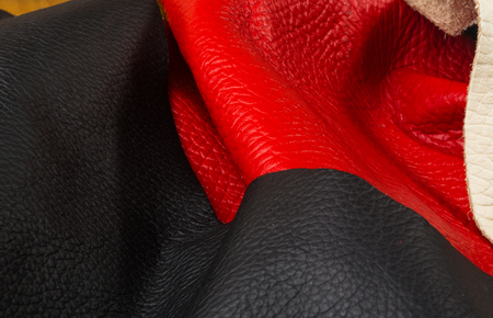 colored flaps, pieces, and scraps of natural leather for the manufactured furniture, bags and clothesの写真素材