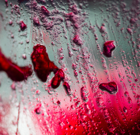 Bright translucent red currant jam in a glass jar, close-up, macro photoの写真素材