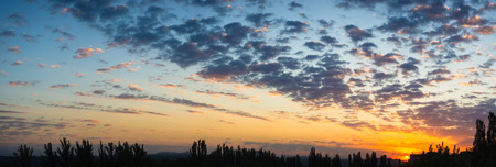 Landscape with dramatic light - beautiful golden sunset with saturated sky and clouds, peaceful nature serene background.の写真素材