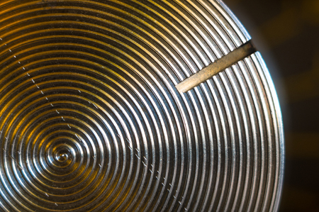 Aluminum control knobs retro home audio system, macro, close upの写真素材