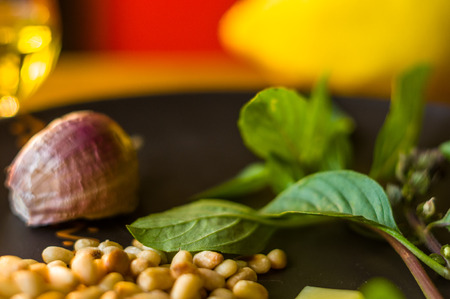 Fresh ingredients for preparing Italian pesto sauce - lemon basil sprigs, peeled seeds of cedar nuts, large garlic clove, Greek olive oil, Parmesan cheese, on a ceramic plate, in scattered sunlightの写真素材