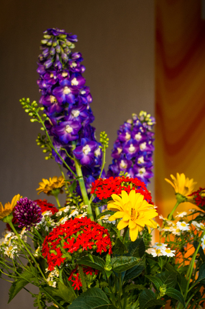 a colorful bouquet of bright spring flowers of various types, close-upの写真素材