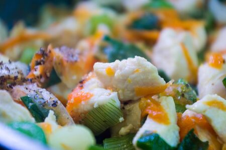 preparation of home diet dishes of white chicken meat with carrots, onions and spicesの写真素材