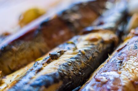 Mackerel baked in the oven, home dish, close upの写真素材