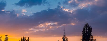 Landscape with dramatic light - beautiful golden sunset with saturated sky and clouds, peaceful nature serene background.の写真素材