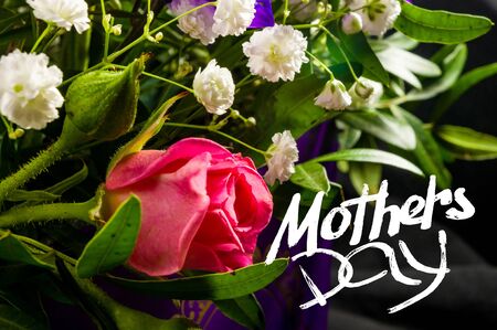 Holiday card - beautiful gift bouquet of various blooming bright colorful decorative summer flowers, holiday greetings, handwritten inscription with a brush Mothers Day, greeting lettering.の写真素材