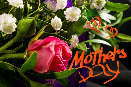 Holiday card - beautiful gift bouquet of various blooming bright colorful decorative summer flowers, holiday greetings, handwritten inscription with a brush Mothers Day, greeting lettering.の写真素材