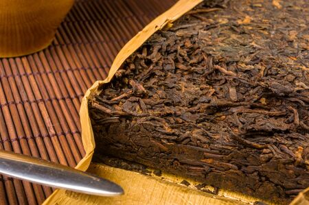 Chinese pressed PU-erh tea in bamboo leaf packaging, close-upの写真素材