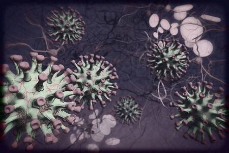 Background concept for news about the coronavirus COVID-19 pandemic. Microscope virus and lettering close up, 3d rendering.の写真素材