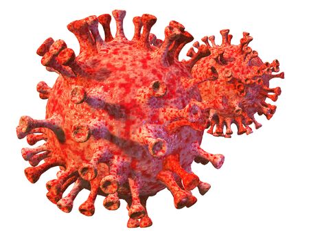 Background concept for news about the coronavirus COVID-19 pandemic. Microscope virus close up, 3d rendering, isolated.の写真素材