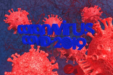 Background concept for news about the coronavirus COVID-19 pandemic. Microscope virus and lettering close up, 3d rendering.の写真素材
