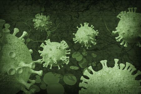 Background concept for news about the coronavirus COVID-19 pandemic. Microscope virus close up, 3d rendering.の写真素材