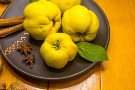 still life - large yellow quince fruits on a ceramic plate, with anise, cinnamon, and walnutsの写真素材
