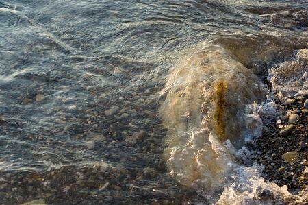 pebble stones on the sea beach on a warm summer day, the rolling waves of the blue sea with white foamの写真素材