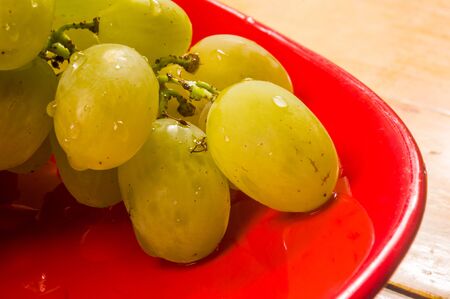 still life - a large brush of green grapes with water drops in a red ceramic plate on a wooden backgroundの写真素材