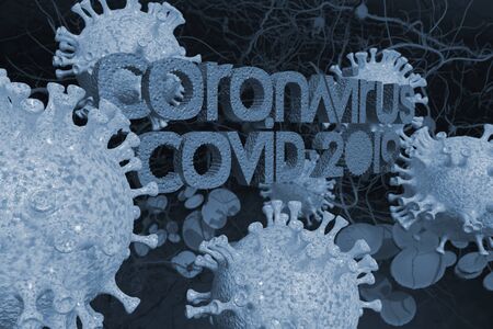Background concept for news about the coronavirus COVID-19 pandemic. Microscope virus and lettering close up, 3d rendering.の写真素材