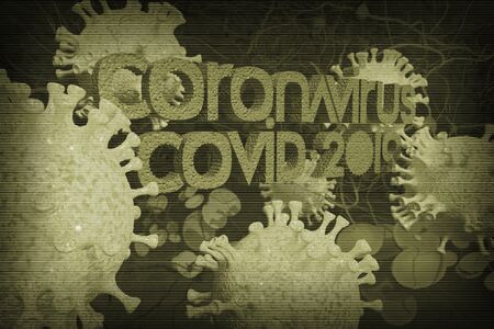 Background concept for news about the coronavirus COVID-19 pandemic. Microscope virus and lettering close up, 3d rendering.の写真素材