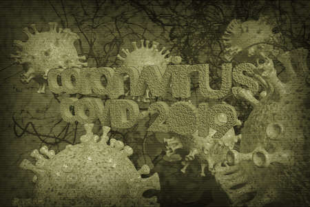 Background concept for news about the coronavirus COVID-19 pandemic. Microscope virus and lettering close up, 3d rendering.の写真素材