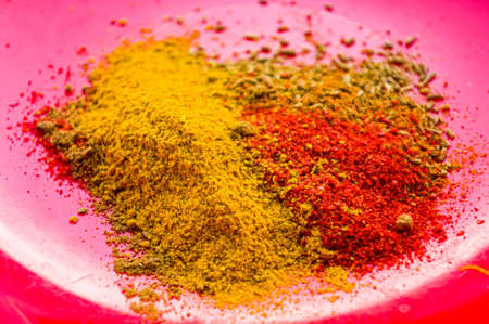 Spices - red paprika, ground coriander, salt and turmeric on a red plate, close upの写真素材
