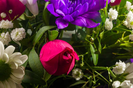 Background for a greeting card - beautiful gift bouquet of various blooming bright colorful decorative summer flowersの写真素材