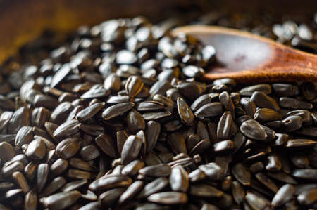 Fried sunflower black seeds with a wooden spoon in a pan, close upの写真素材