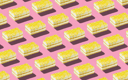 Trendy seamless food pattern - layered sponge cakes with harsh shadows on a pastel background, minimal food isometric concept texture.の写真素材