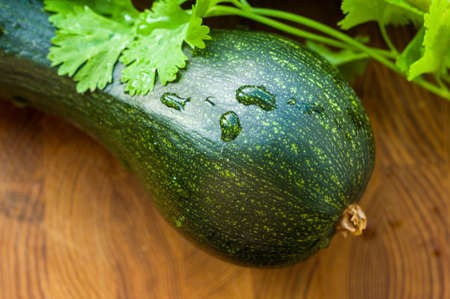 Still life - fresh whole zucchini, eggplant and parsley on a wooden boardの写真素材