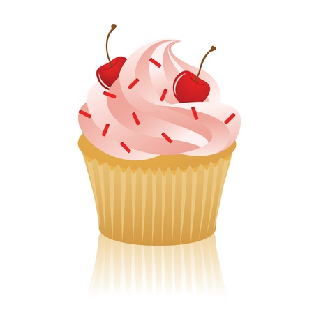 Pink iced cupcake with cherries. EPS 8 CMYK with global colors vector illustration. のイラスト素材