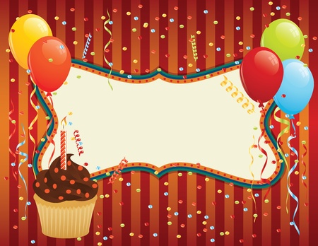 Birthday Card with cupcake, balloons and confetti. CMYK EPS 8 with global colors vector illustration.のイラスト素材