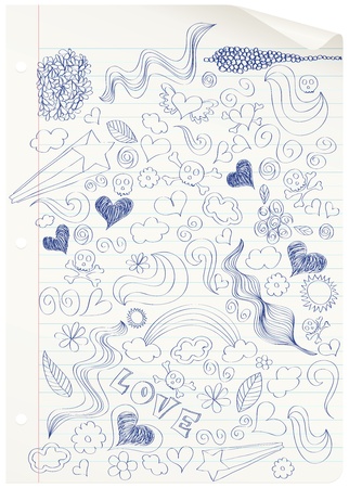 Curled notebook page with doodles. CMYK with global colors file. のイラスト素材
