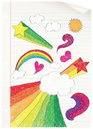 Curled notebook page with doodles. EPS 8 CMYK with global colors vector illustration.のイラスト素材